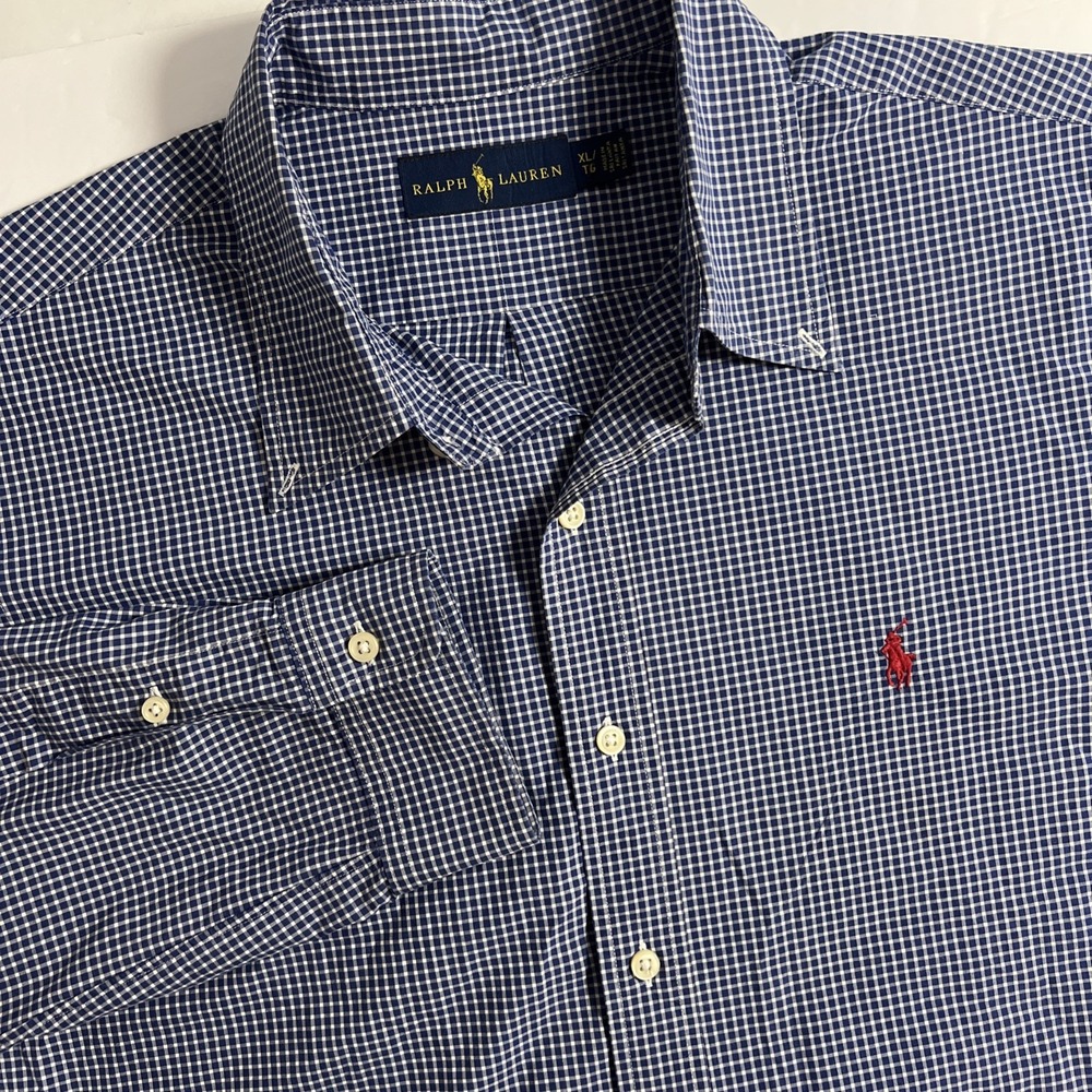 Ralph Lauren Shirt Men's Size XL Blue Check Red Pony Long Sleeve Button Up